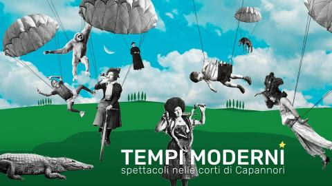 tempimoderni locandina 2025 persone volano con ombrelli su una collina